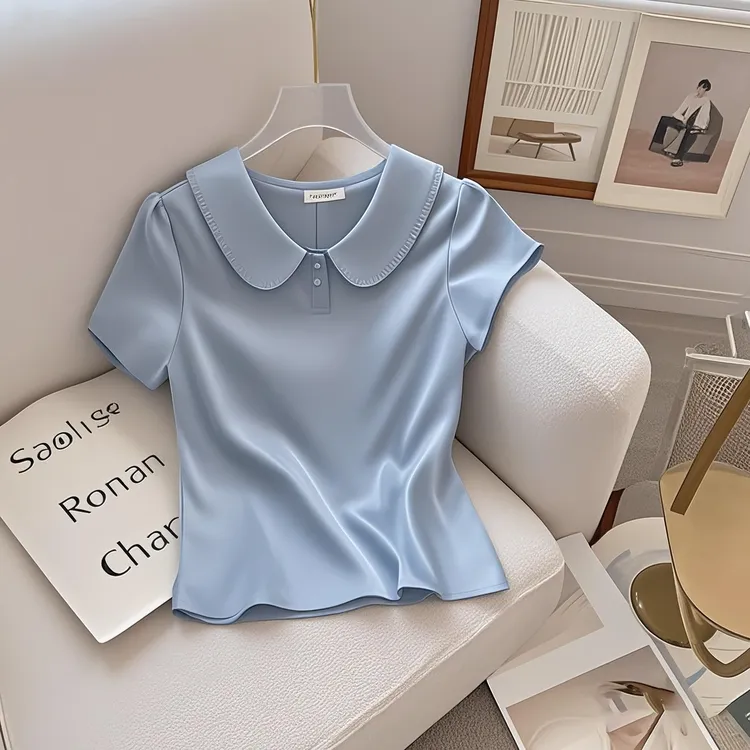 Polo领正肩短袖t恤女夏季2025新款超好看独特漂亮小个子休闲上衣