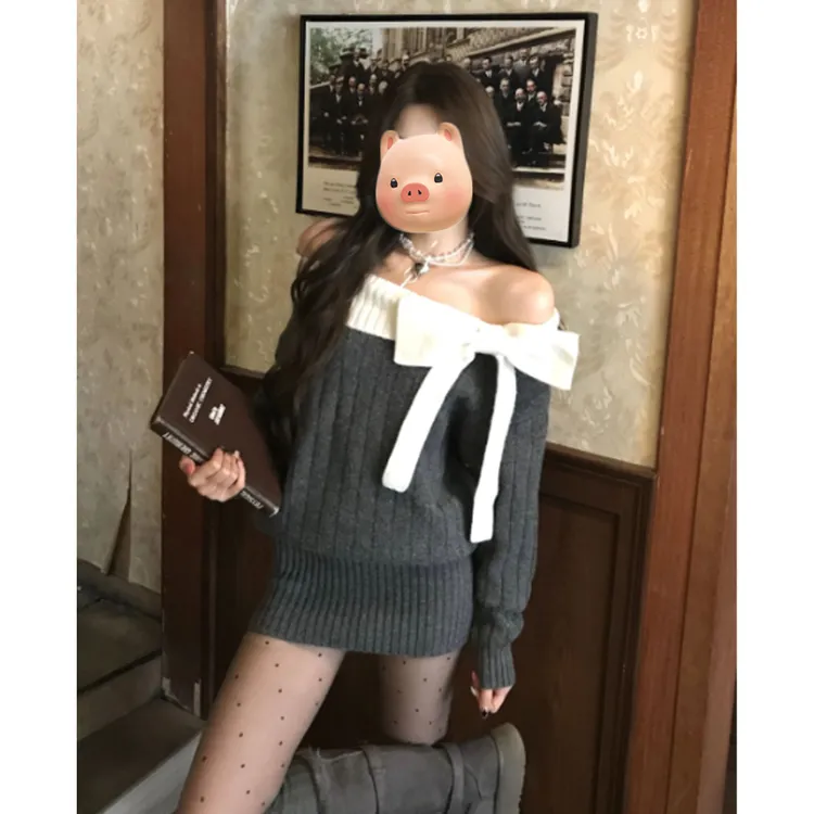 灰色一字肩蝴蝶结系带长袖针织连衣裙女秋冬季修身露肩毛衣短裙子