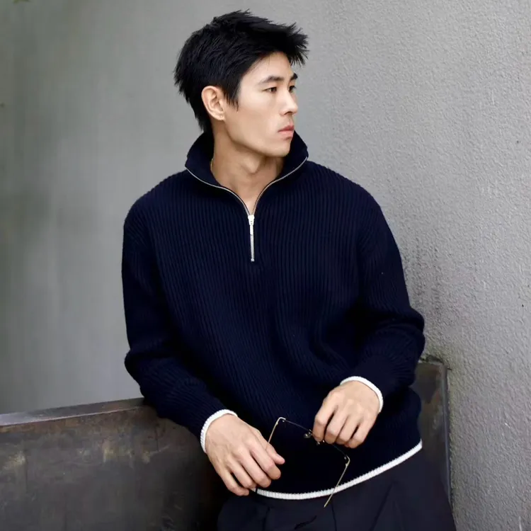 Team Yang-早秋新品吉拉拼色拉链针织慵懒休闲老钱毛衣9068