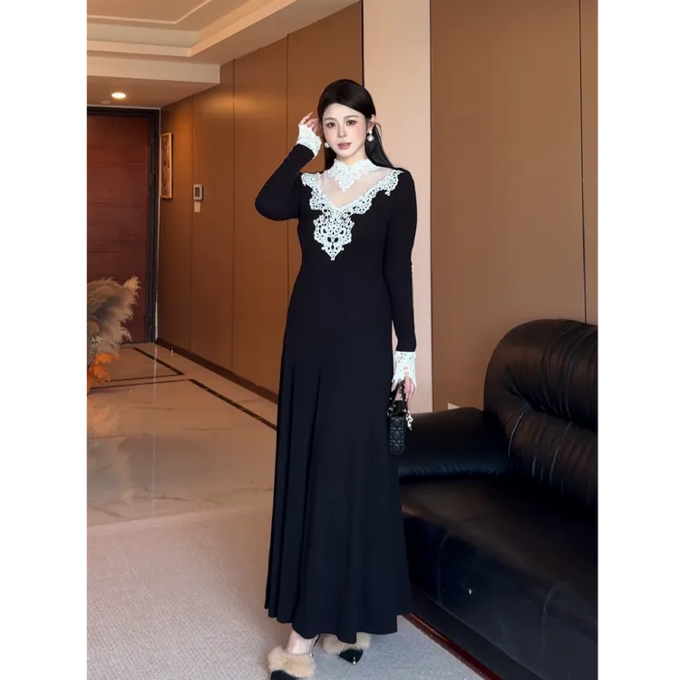 白77-大码女装秋冬精致高级感蕾丝针织连衣裙13598