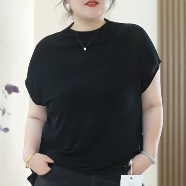 盖肩袖环保醋酸T恤女大码弹力轻柔滑百搭显瘦船领秋季基础款上衣