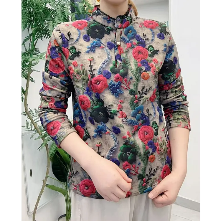 2025冬季新款中老年妈妈加绒保暖木耳边打底衫高弹力宽松上衣小衫