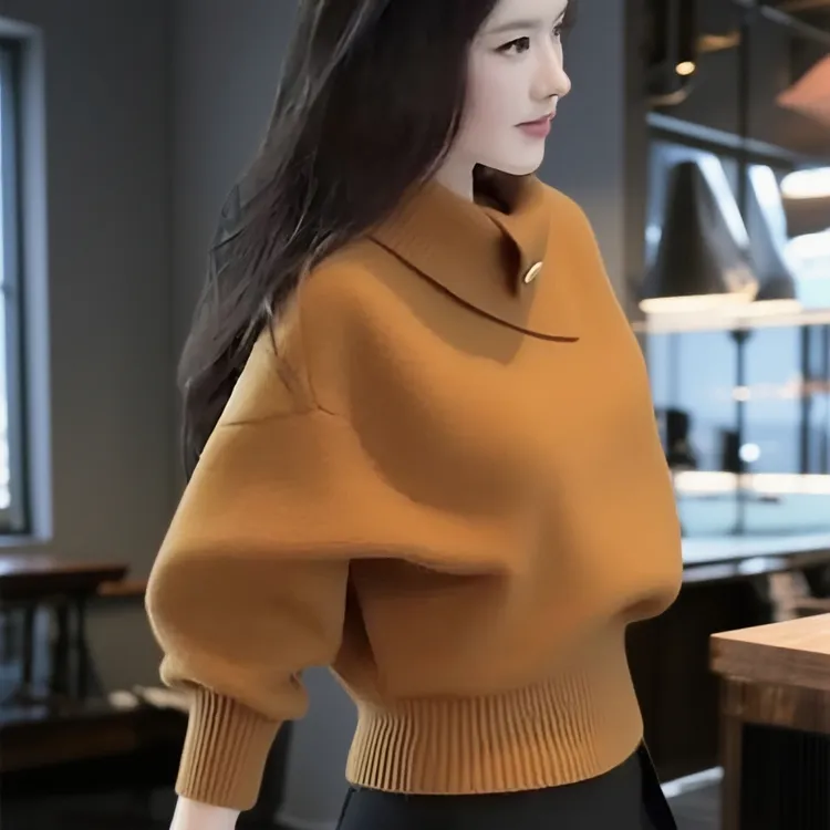 秋冬韩系淡人高知老钱风轻熟设计感软糯慵懒橘色高领打底针织衫女