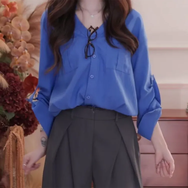 V领薄款显瘦气质立领宽松纯色休闲衬衫女新款修身显瘦C5697