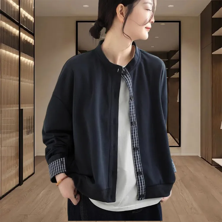 时尚拼接撞色夹克衫上衣女2025春秋季新款独特格子气质长袖外套潮