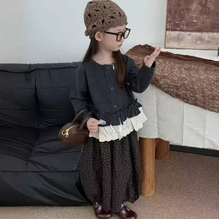 2025秋季韩版女宝花边长袖碎花灯笼裤森系套装女童时尚洋气