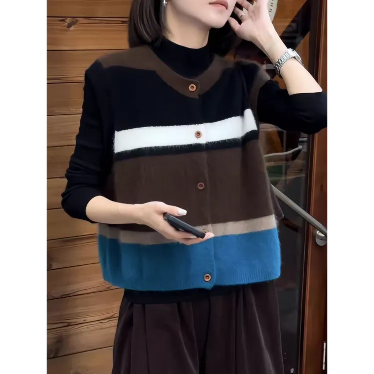 重磅推荐，上身绝美！日系复古秋冬复古叠穿马甲女撞色圆领背心上衣