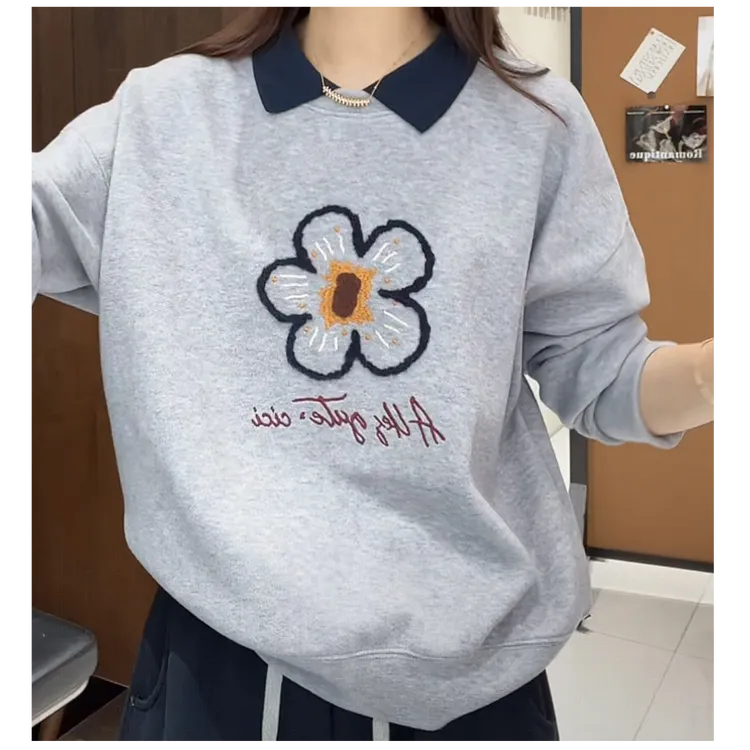 早秋假两件花朵刺绣减龄卫衣女2025新款翻领宽松洋气百搭卫衣