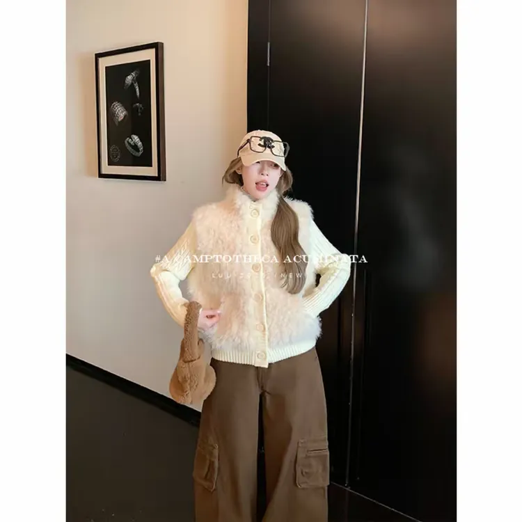 人造皮草 长袖针织短款外套女秋冬宽松设计感拼接环保