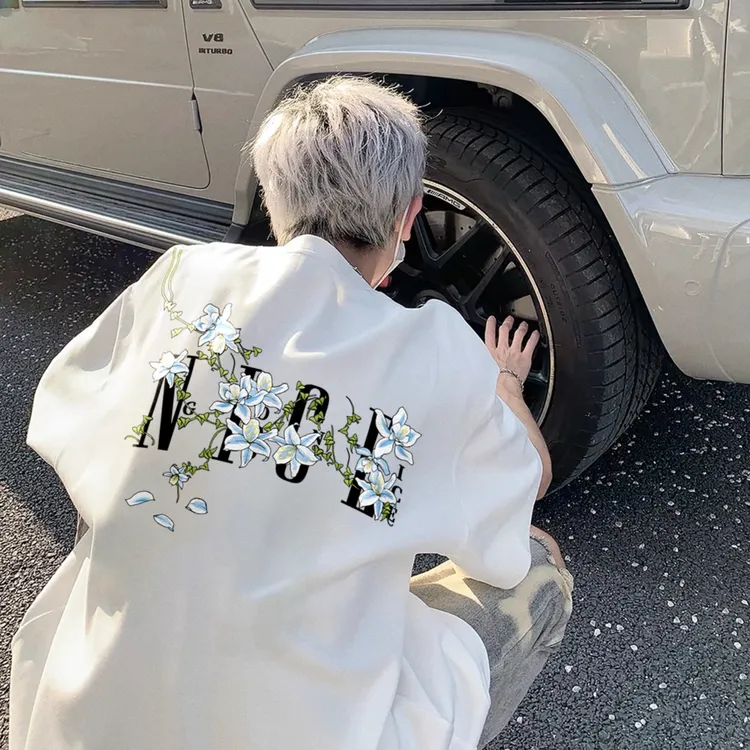 藤蔓花卉印花t恤男款夏季潮牌潮流短袖美式高街复古重磅情侣半袖