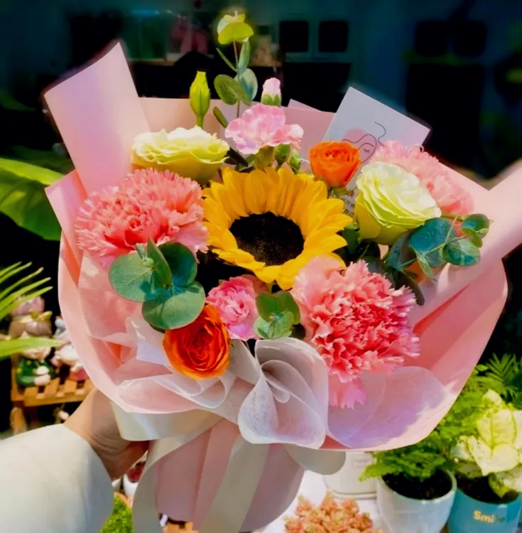 【美丽安康】1支向日葵搭配粉色康乃馨桔梗送朋友爱人女友闺蜜长辈