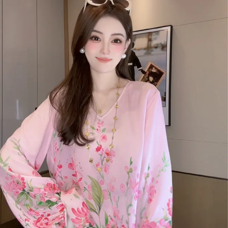 【丝芙玉禄】（F541）100%真丝双绉创意拼色碎花印花桑蚕丝t恤上衣