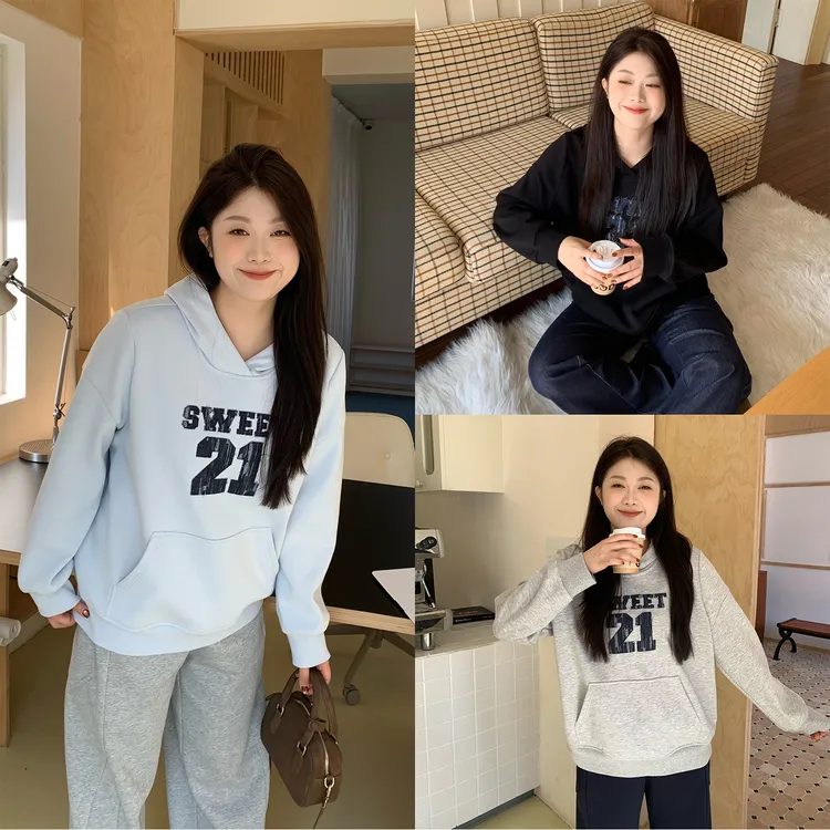 裂渡宣宣【美校标杆】贴布绣连帽上衣女冬百搭显瘦加绒卫衣ZY510R23