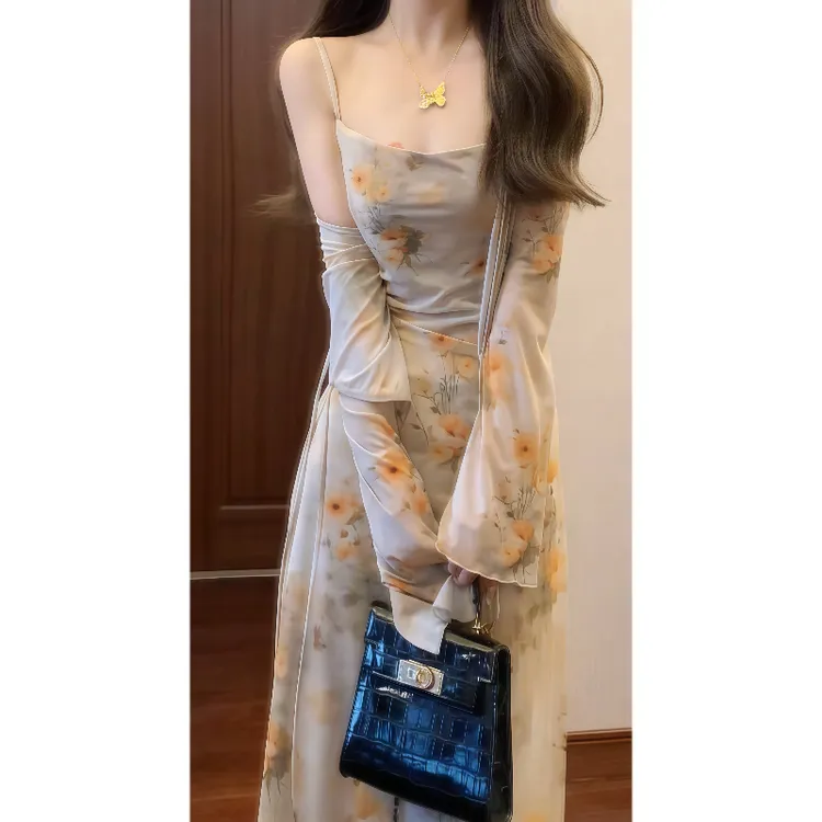 法式温柔油画晕染弹力网纱吊带连衣裙&开衫外塔巨好看两件套9805