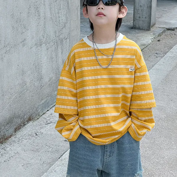 2025秋装儿童男童韩版黄色条纹假两件长袖宽松tT恤童装打底衫潮酷