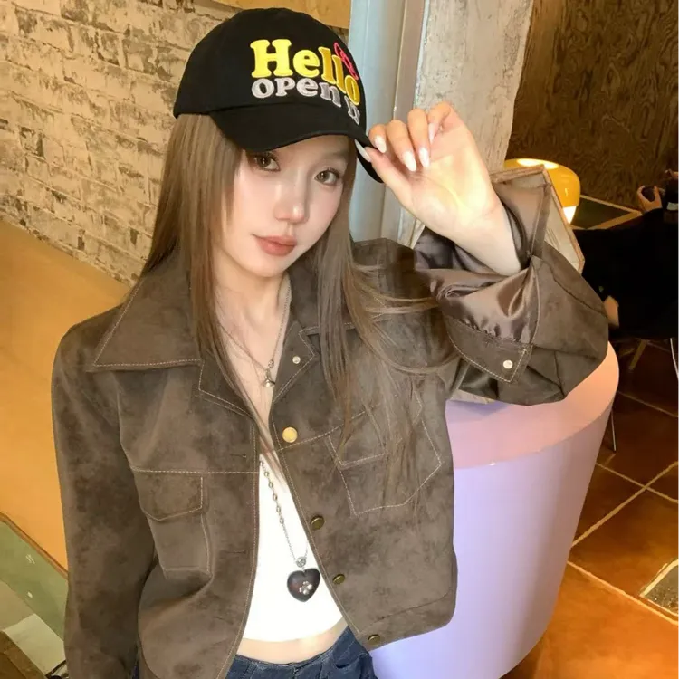 番茄妹妹Tomatosister春款2025翻领皮衣外套复古休闲机车夹克女