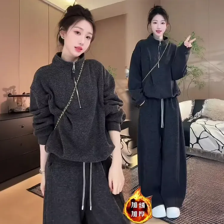 加绒加厚休闲套装女2025冬季新款时髦洋气棉马甲卫衣阔腿裤三件套