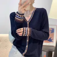 针织开衫外搭薄款洋气上衣秋季时尚百搭费尔岛拼色宽松毛衣外套短