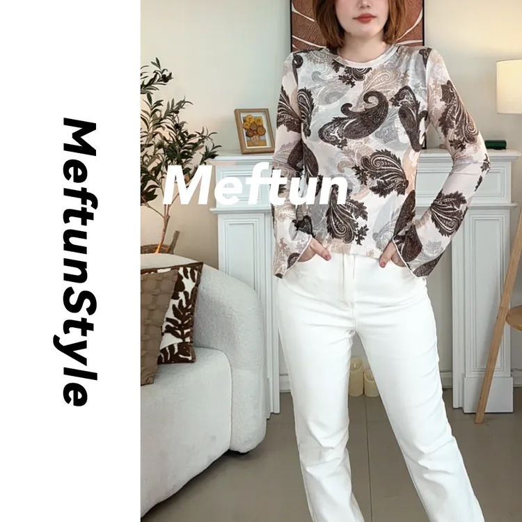 Maftun民族风网纱复古抽象腰果花花纹显瘦不透紧身长袖打圆领底衫