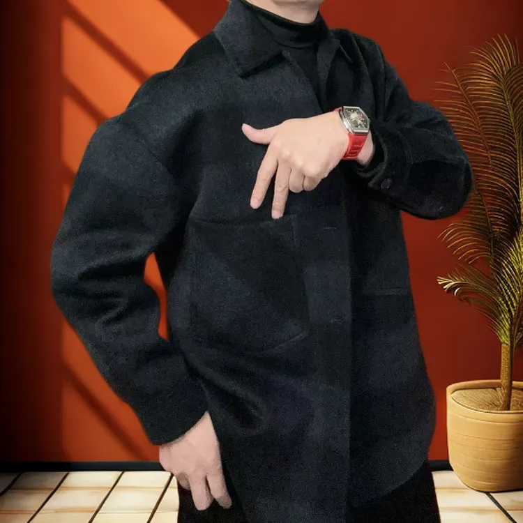 【W先生】羊毛混纺毛呢夹克大衣黑灰格纹翻领轻奢宽松秋冬男士纽扣保暖外套