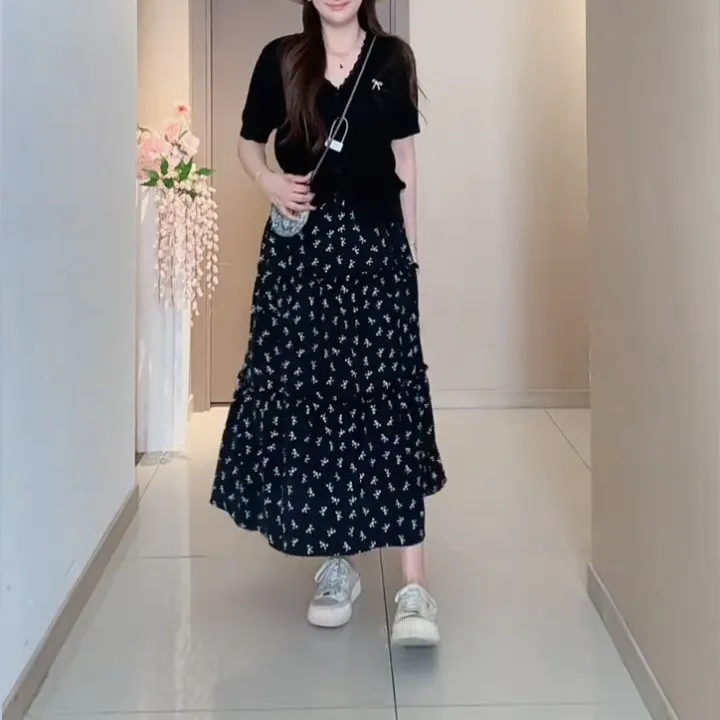 [工厂直销套装]夏季款简约通勤V领上衣高腰遮肉碎花裙99488+Q327