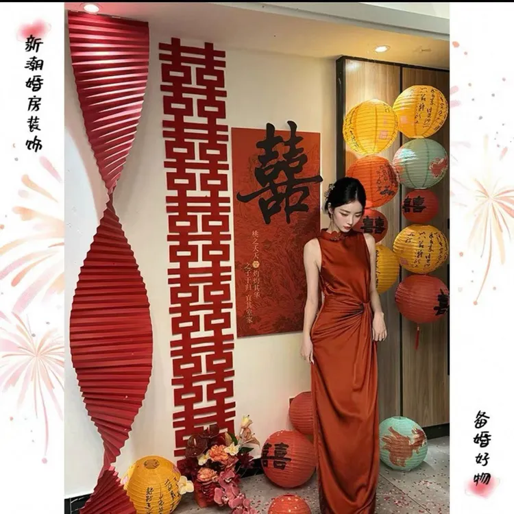 婚房玄关布置套装女方房间背景墙面装饰结婚男方新房卧室
