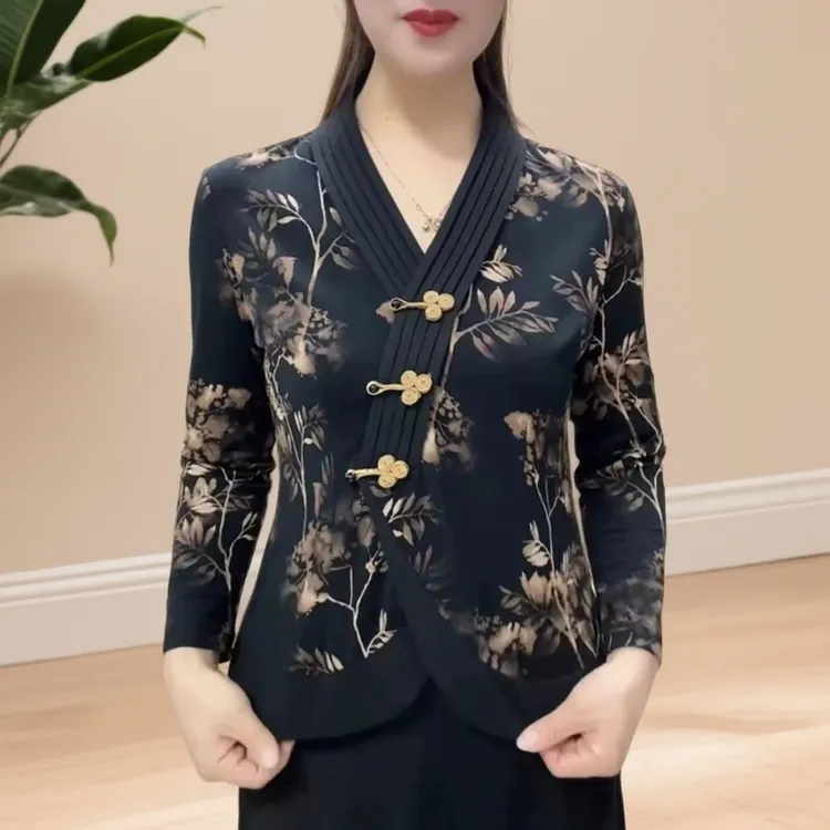 90110秋冬中老年妈妈装上衣V领修身长袖复古盘扣民族风汉服旗袍衫