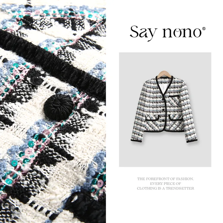 懒猫nono│Saynono 米兰画报 羊毛棉小香风蓝白V领外套/XXWL1107