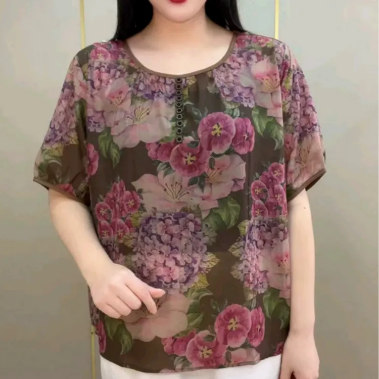 中年妈妈夏装短袖雪纺衫高档气质显瘦洋气潮流宽松遮肉休闲风小衫