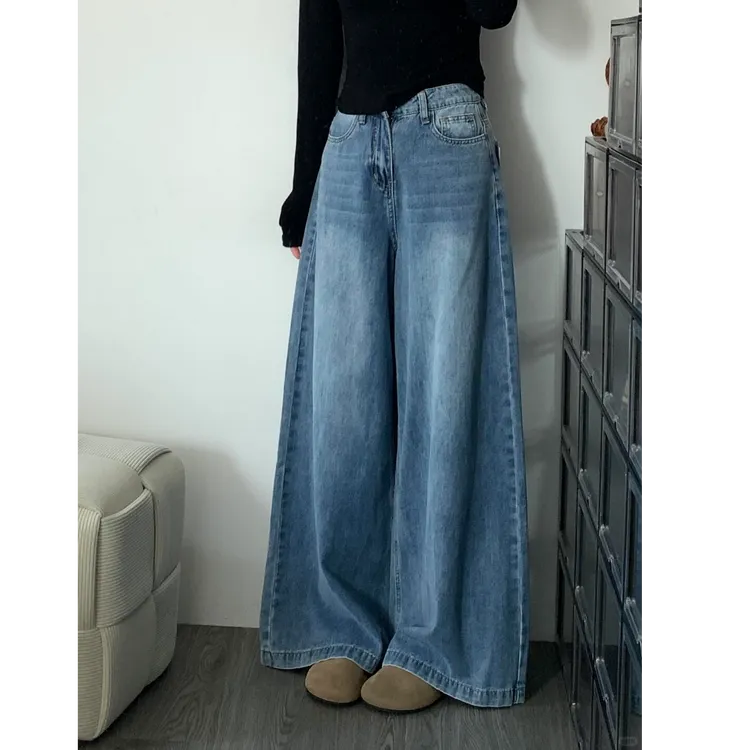 复古蓝阔腿牛仔裤女2025夏季薄款高腰显瘦垂感宽松直筒拖地裤慵懒
