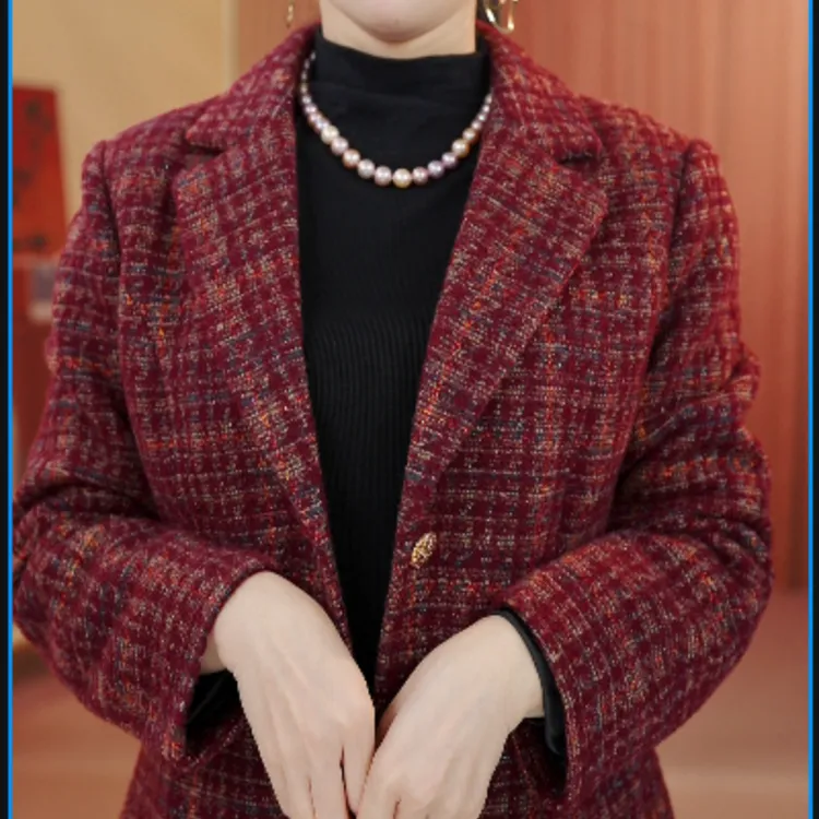 X1135气质百搭显瘦小香风秋冬短款外套上衣格子西服外搭红色时尚