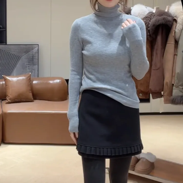简约时尚套头堆堆领显瘦毛针织衫女冬季新款百搭纯色打底长袖上衣