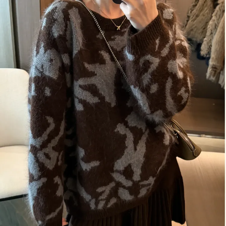 爆款复古宽松百搭休闲毛衣秋冬重磅时尚潮牌圆领套头提花针织衫女