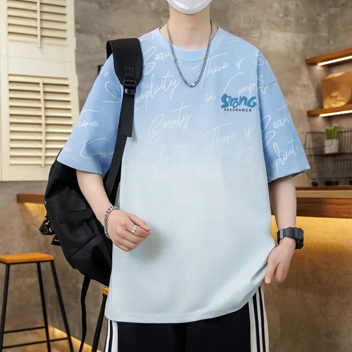 夏季新款渐变男士短袖T恤港风青少年学院风百搭宽松学生半袖t恤衫