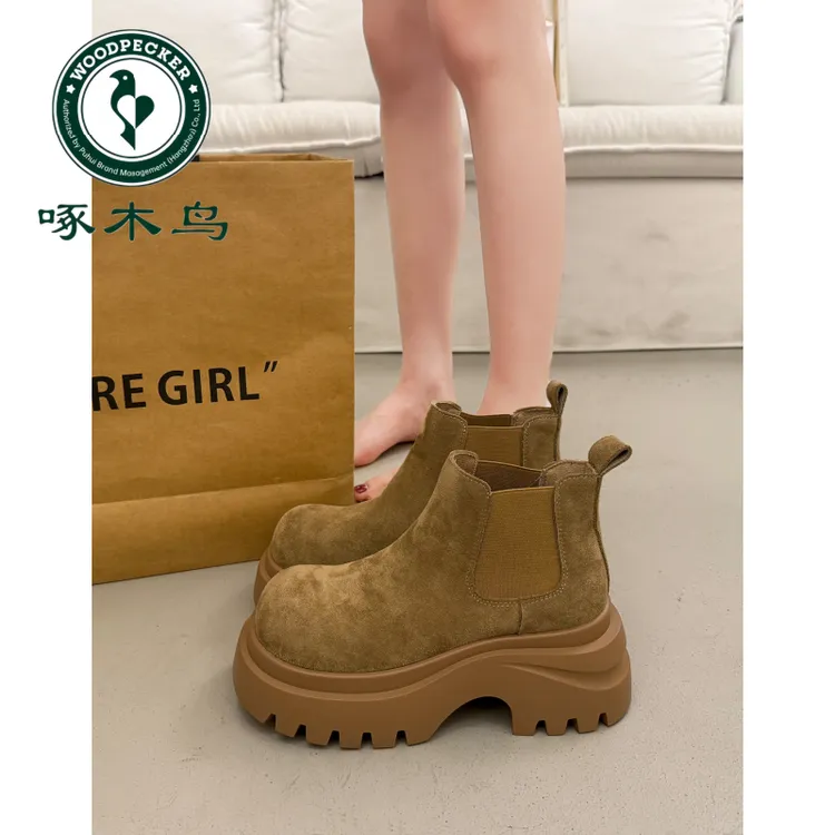 啄木鸟复古厚底增高马丁靴女秋季2025超火新款百搭切尔西时尚短靴