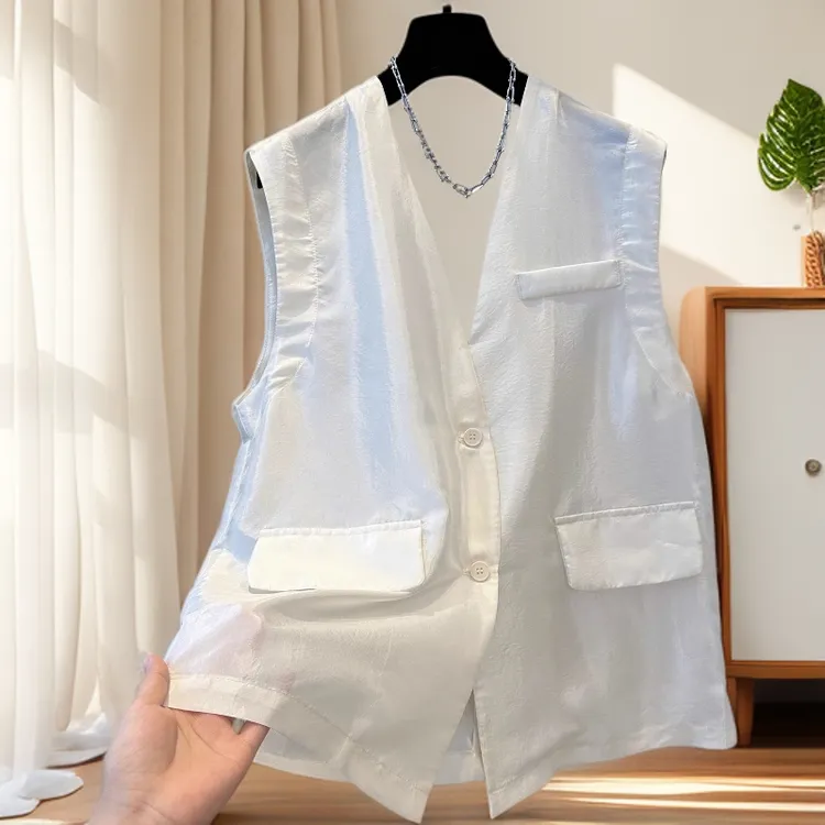 老钱风洋气时尚高级感黑色V领天丝棉麻坎肩马甲气质开衫轻薄马夹