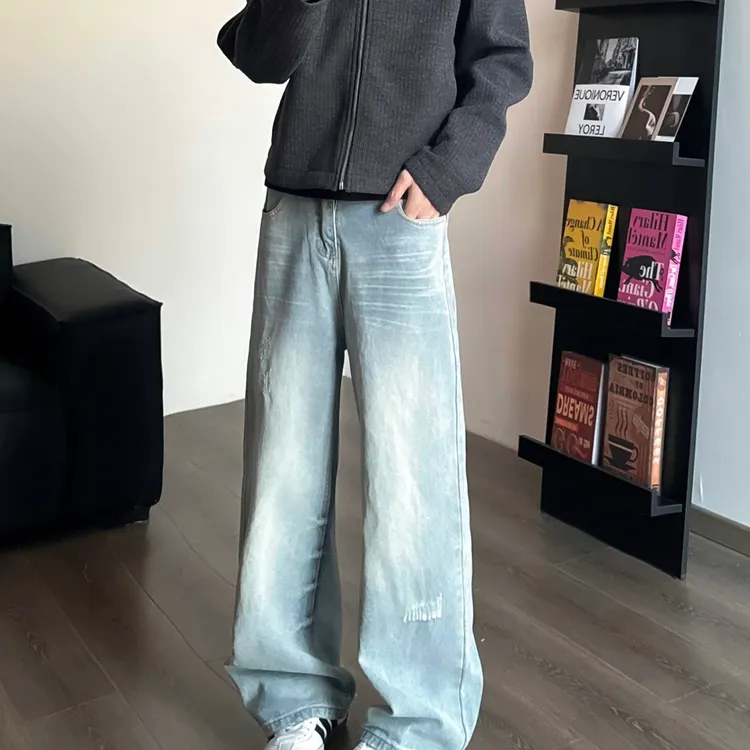 美式复古cleanfit水洗浅色牛仔裤男阔腿宽松直筒高街休闲裤子