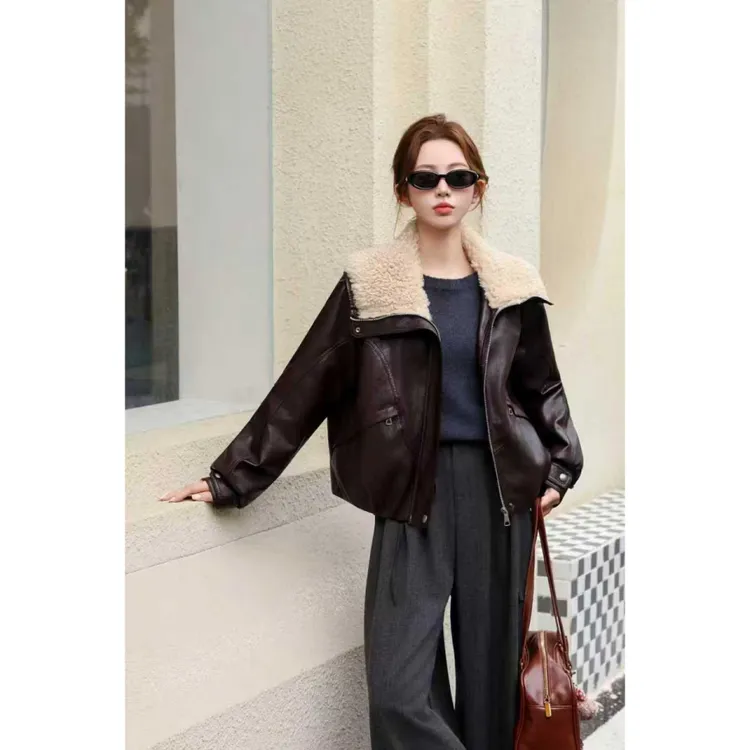 大翻领加绒皮衣外套2025冬新款保暖时尚酷飒机车皮夹克#9011