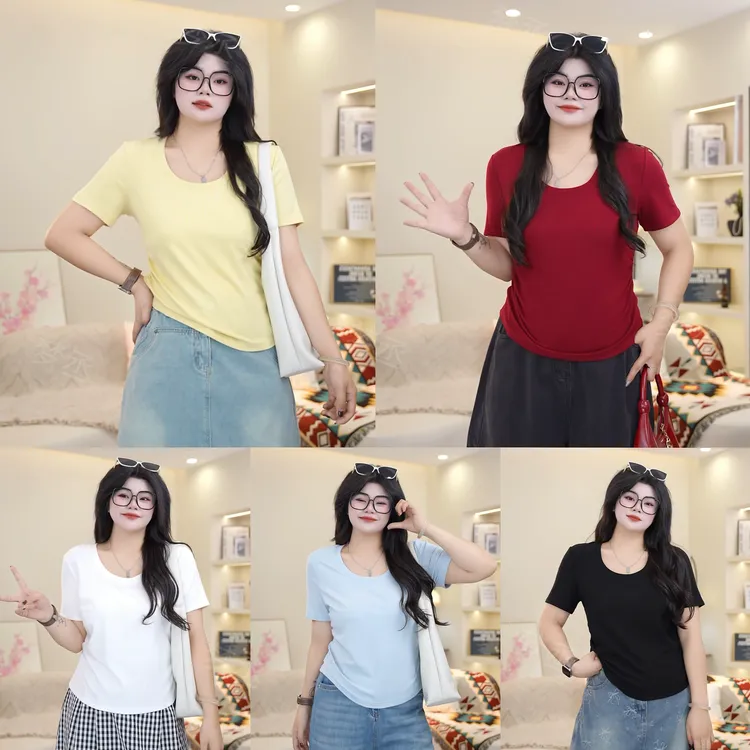 【尽显身材】大码女装夏季纯色系圆领简约百搭显瘦休闲时尚短袖T恤