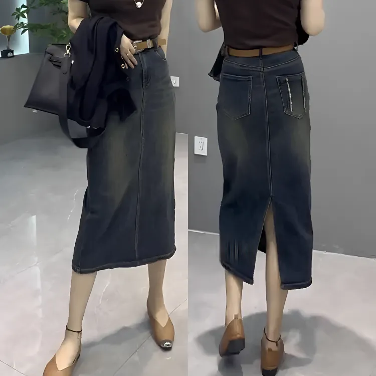 梨形身材微胖穿搭大码女装牛仔半身裙子2025年秋季新款开叉包臀裙