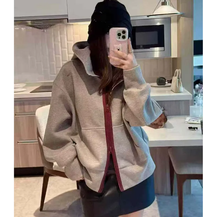 爆款撞色连帽加绒加厚卫衣外套女2025秋冬新款设计感休闲显瘦上衣