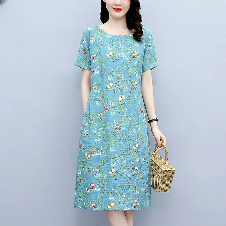 休闲棉麻连衣裙女夏季薄款2024年新款宽松小个子洋气妈妈碎花裙子