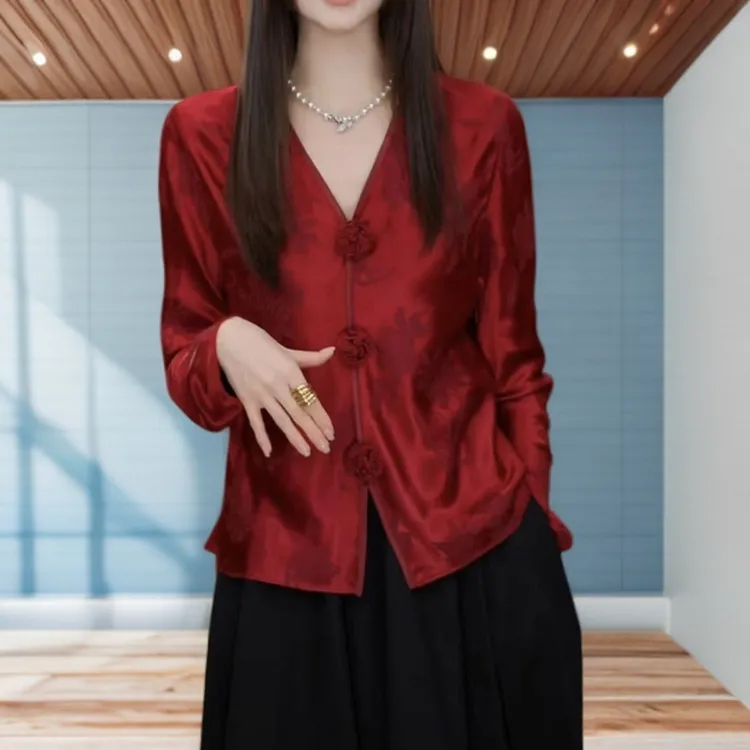 新中式国风女装唐装花朵上衣2025春季新款新年红色衬衫高级感覆古