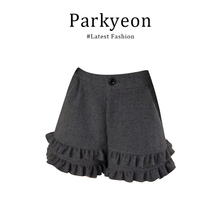 MARIE.COCO灰色木耳减龄花边阔腿短裤秋冬外穿高腰百搭显瘦裤子