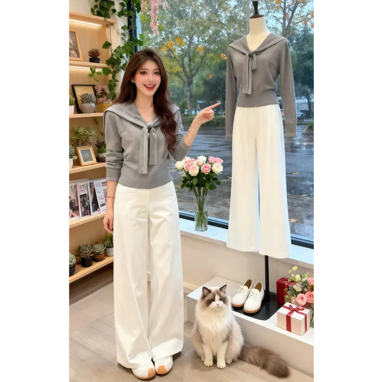 秋季穿搭一整套女2025新款减龄海军领针织衫搭配显瘦休闲裤两件套