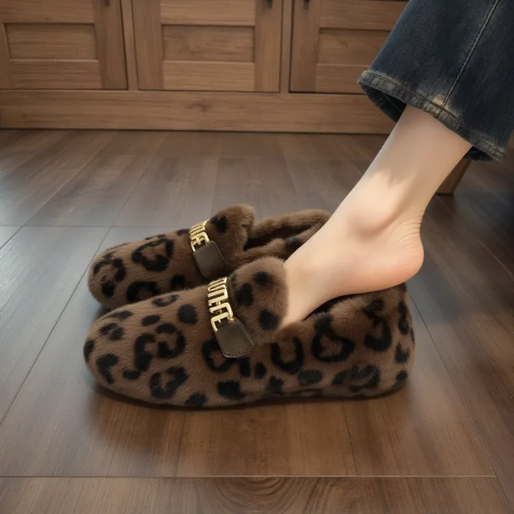豹纹水貂绒毛毛鞋女2025新款高级感一脚蹬豆豆鞋法式单鞋欧货棉鞋