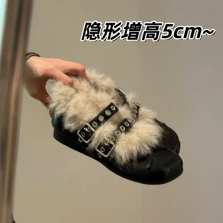 5cm隐形增高莎黛尔2025冬毛毛鞋扣带装饰浅口平底韩版玛丽珍鞋女