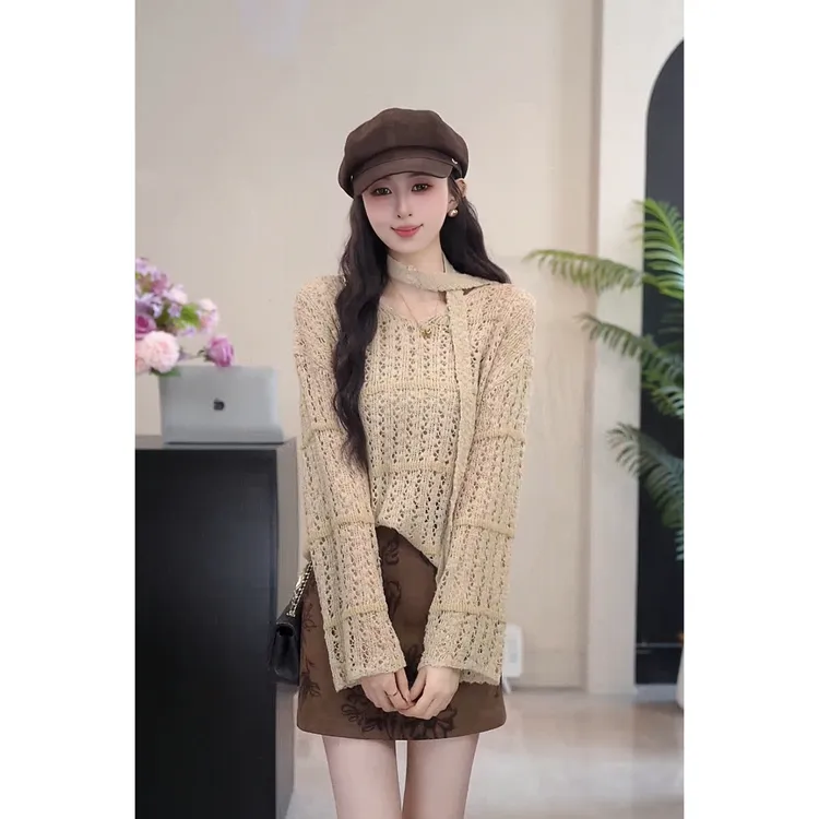 YUANLIANSU/圆脸酥【簪星曳月】设计感飘带+镂空针织衫两件套女秋季