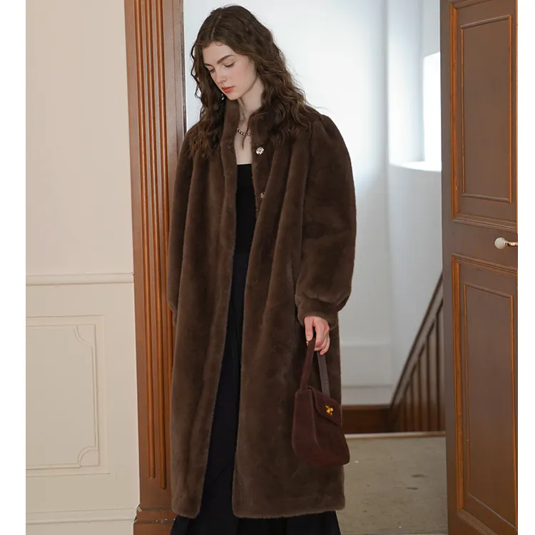 miora studio法式复古咖中古环保皮草外套立领加厚仿水貂皮草大衣