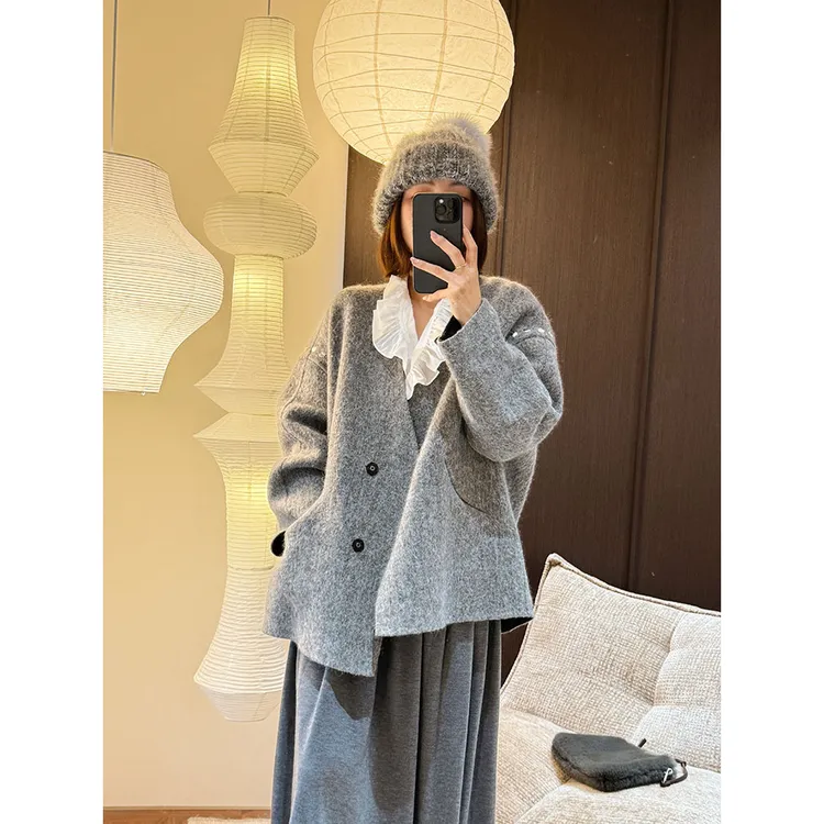 【唐悠悠mgdm】苏力羊毛珠钉v领廓形大衣女秋冬加厚外套女小个子